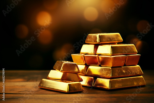 Gold bars Gold ingot, bullion gold, bank vault, stacked image. close up many pure gold bar ingot put on the black color with bokeh surface. many pile of gold bars in golden background. photo