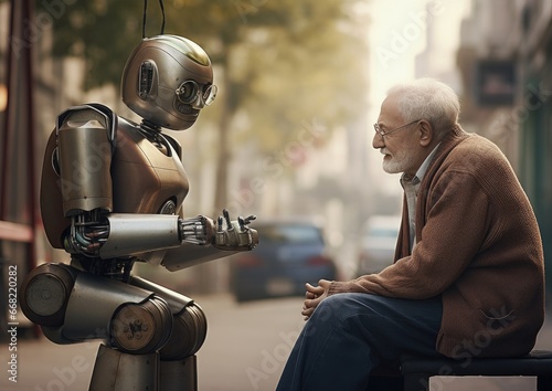 caregiver robot using artificial intelligence standing holding hands of elderly at care home center, Generative Ai