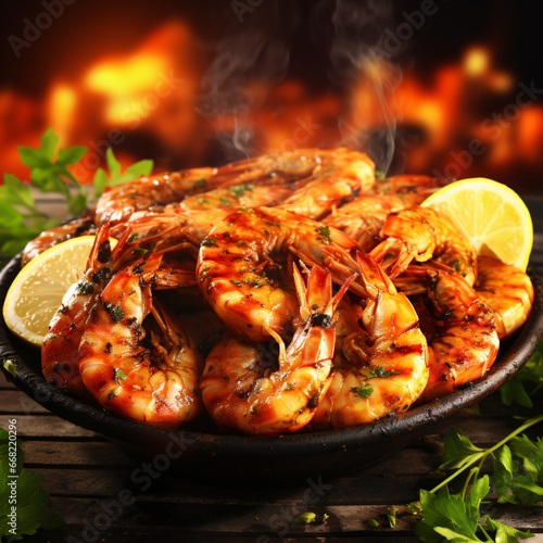 Grilled shrimp, meticulously prepared and cooked in the studio, are delectable treat brought life in exquisite detail. Each succulent shrimp boasts a perfectly charred exterior and a tantalizing aroma