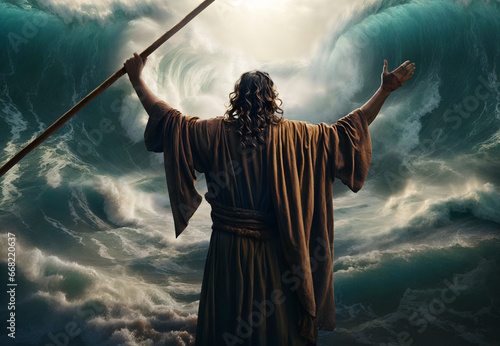Moses parting the red sea conceptual biblical scene. Religious theme.