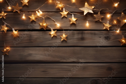 Background with golden bokeh lighting. An empty wooden background for a Christmas decoration