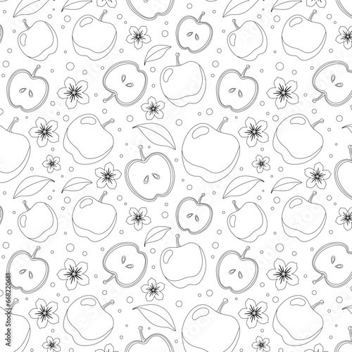 Seamless coloring pattern with whole apples cut in half, flowers, leaves, different circles on white background