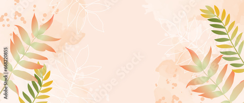Autumn foliage on watercolor vector background. Abstract wallpaper design with branches, leaves, line art. Elegant botanical illustration of the autumn season, suitable for fabric, prints, cover.