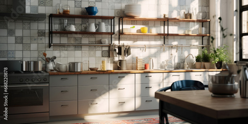 Moder interior design of a kitchen. Stainless steel and white tiles.