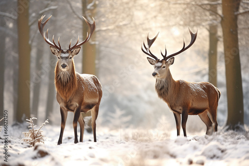 Deer in the national park in the forest in winter. Two deer stand on the edge of a winter forest and survive the winter. Generative AI