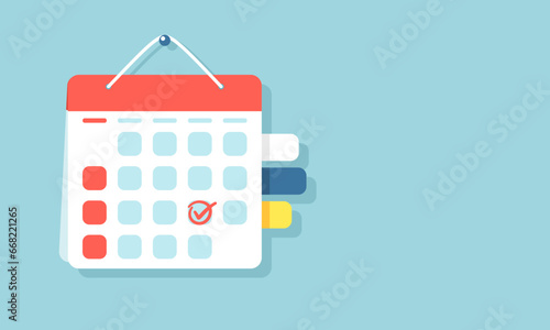 Red pen marks the date, holiday, priority, important, reminder day on hanging calendar concept on a blue background. Vector illustration flat design for banner and poster.