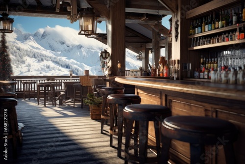 Restaurant interior on ski resort in Nordic style.