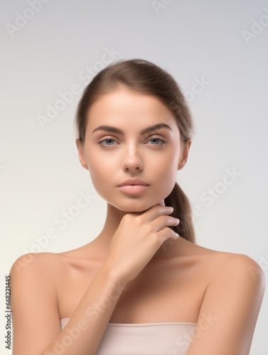 Portrait of a young woman with natural makeup and natural styling.Cosmetology beauty and Spa Happy beautiful girl holding her cheeks with a laugh looking to the side.Pretty woman clean fresh skin.