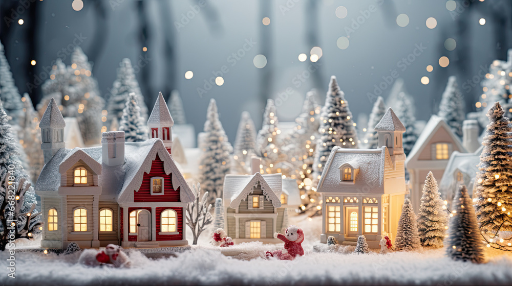miniature scenery of a christmas village with lighted decorations. christmas scenery banner, peaceful winter houses miniature scenery of a christmas village with lighted decorations. christmas scenery banner, peaceful winter houses