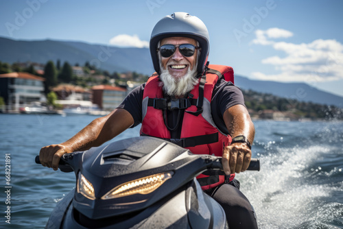 Happy mature grey bearded man in safety helmet and vest riding jet ski on a lake or along sea coast. Active senior having fun on water scooter. Retired person leads active lifestyle and travel.