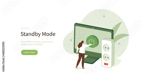 
Energy saving management, conservation, efficiency concept. Electricity consumption reduction. Benefits of using standby mode, switch off, unplug electrical appliances. Flat vector illustration.