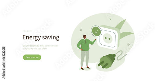 Energy saving management, conservation, efficiency concept. Electricity consumption reduction. Benefits of switch off or unplug electrical appliances. Flat vector illustration.