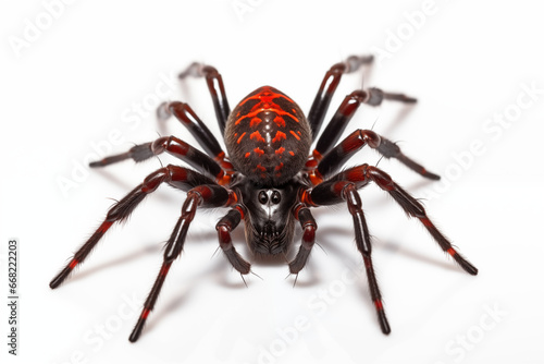 Hyper-Realistic Close-Up Photography: Intricate and Detailed Ebony and Crimson Spider on a Pure White Background – Photorealistic Beauty of Arachnid in Extreme Detail