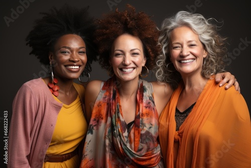 Half-length portrait of three cheerful senior diverse multiethnic women. Female friends smiling at camera while posing together. Diversity, beauty, friendship concept. Isolated over grey background.