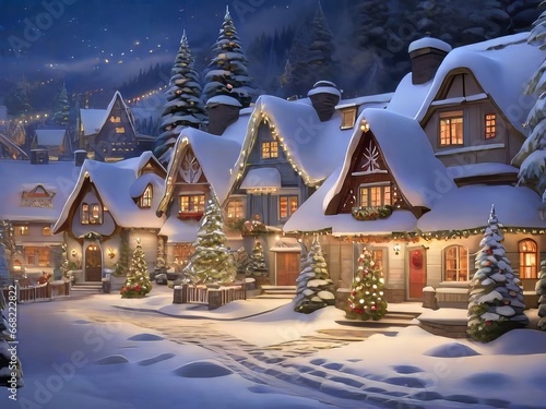 Un acogedor pueblo cubierto de nieve con luces parpadeantes y coronas festivas que adornan cada casa photo