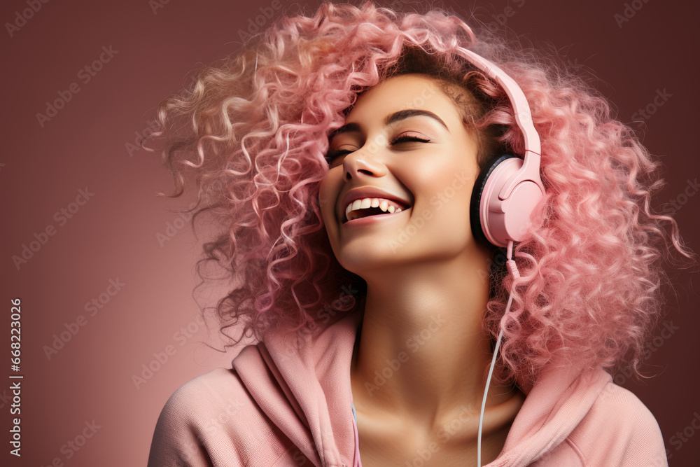 Close-up portrait of happy teenage Caucasian girl with pink hair wearing headphones. Pretty girl in a hoodie with charming smile listening to music, having fun, relaxing. Isolated on pink background.
