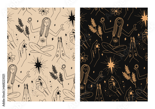  Seamless pattern with magic symbols. Girl in lotus position. Be filled with energy. Print for textiles. Pattern on the theme of witchcraft. Magic world. Cleanse the chakras.