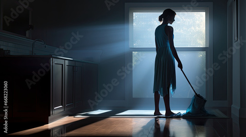 silhouette of girl cleaning the apartment at night