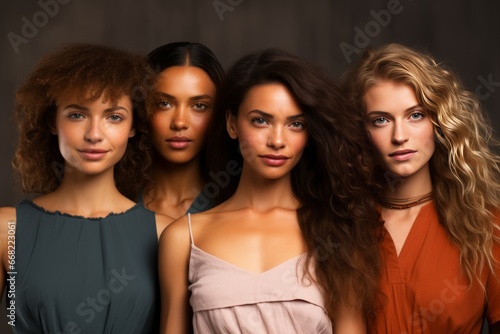 Half-length portrait of four cheerful young diverse multiethnic women. Female friends smiling at camera while posing together. Diversity, beauty, friendship concept. Isolated over grey background.