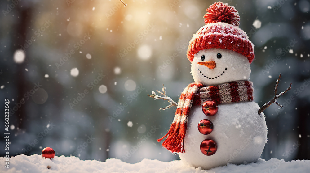 boneco de neve feliz em cena de inverno  - obrazy, fototapety, plakaty 