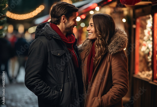 A brunette couple in winter clothes walk around Christmas markets content with smile 
