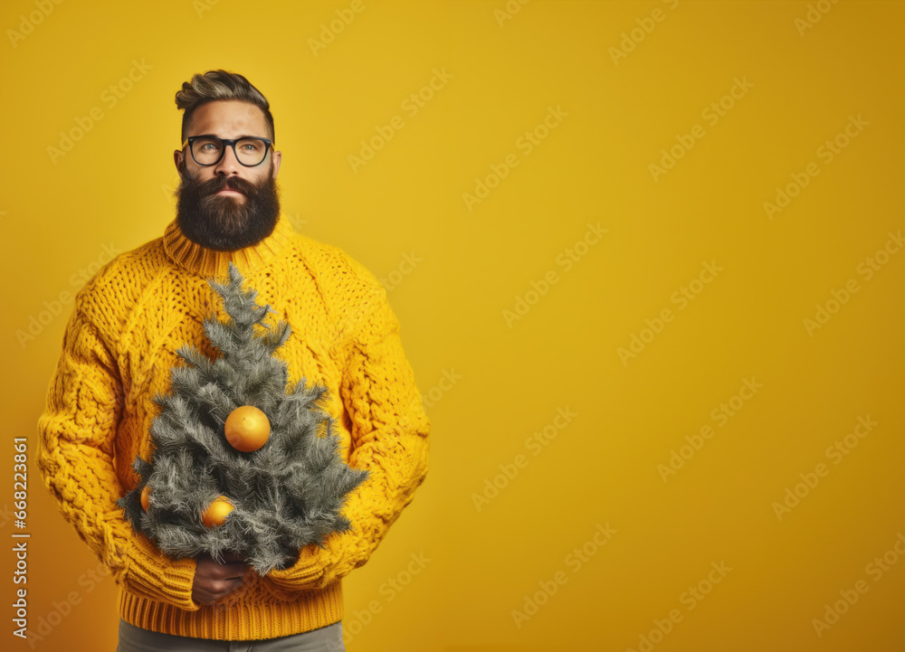 Obraz premium Young hipster man in knitted Christmas sweater