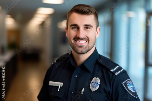 Portrait of Caucasian male man cop demonstrating dedicated smiling officer. Official uniform serves as symbol of honor and source of inspiration reminding people of commitment to serve with protect