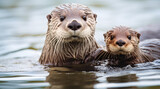 An otter and its baby floating in zoo water 