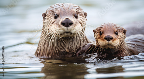 An otter and its baby floating in zoo water 