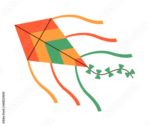 Wind air paper kite toy, flying tethered object with wings of diamond shape design. Kids summer entertainment.