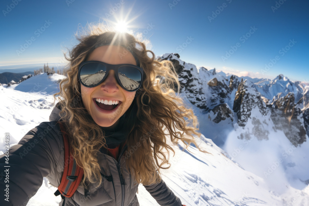 Portrait of a beautiful woman taking a selfie in the snow on a mountain at winter