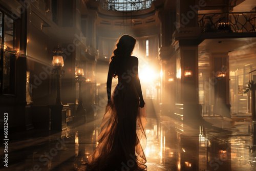Silhouette of an elegant woman at a gala in the hall of a luxurious building