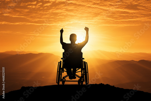 silhouette of disabled person at sunset photo