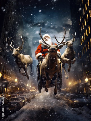 Santa Claus with Reindeers sleigh flying over the city on Christmas eve. Christmas, new year, winter and holiday greeting card