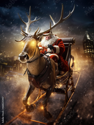 Santa Claus with Reindeers sleigh flying over the city on Christmas eve. Christmas, new year, winter and holiday greeting card © Shootdiem