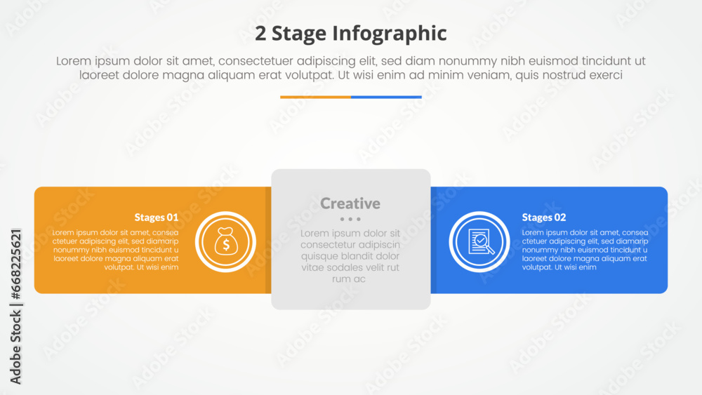 2 points stage template infographic concept for slide presentation with round rectangle horizontal line with 5 point list with flat style