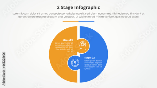 2 points stage template infographic concept for slide presentation with big circle puzzle shape with 5 point list with flat style