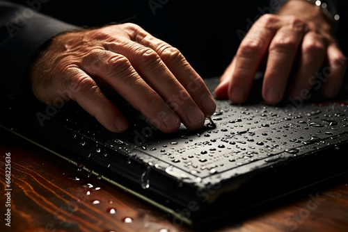 Hand of a blind person reading some braille text touching the relief photo