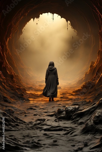 Person standing in cave looking at the light at the end of the tunnel.
