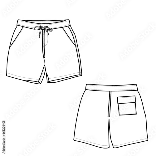 Boardshorts design vector template, front and back view for active wear.