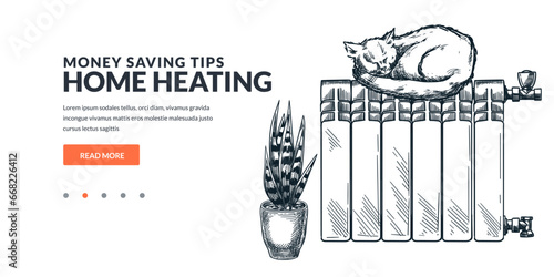 Domestic cat sleeping on warm radiator. Vector hand drawn sketch illustration. Home heating and energy saving concept