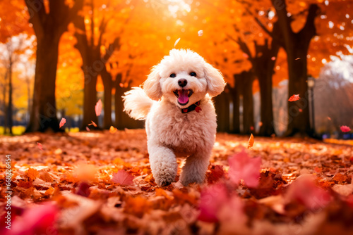 White poodle running through leaf covered park in the fall.