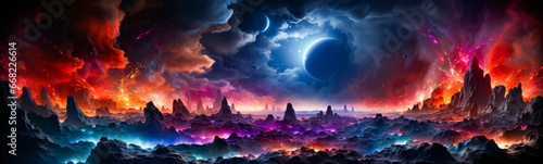 Image of landscape with mountains and planets in the background.