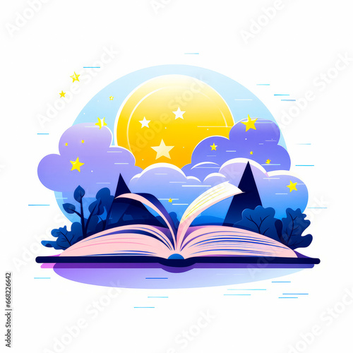 Open book on white background with stars and clouds.