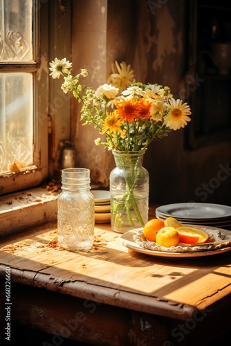 Table topped with vase of flowers next to plate of fruit.