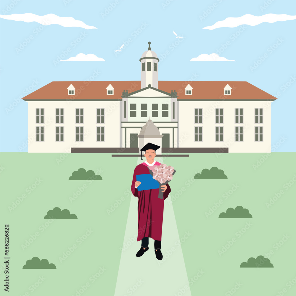 Graduate with books in front of the school. Vector illustration.