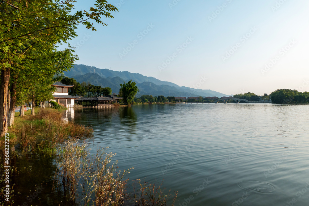 The attic on the lake，Beautiful Longshui Lake Wetland Park, Chongqing, China