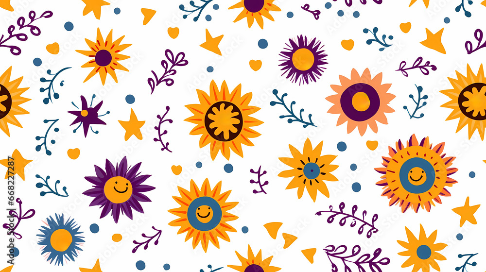 Colorful funny children doodle seamless pattern wallpaper. cute drawing of yellow, purple sunflowers on a white background. endless decorative texture. decorative element