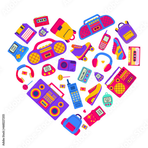 Radio cassette tape recorder shaped.Old mobile phone.Boombox tapes record.Cartoon 90s pop-art Heart pattern.Retro pop culture from 90s.Portable videogame console. Cassette audio player headphone.