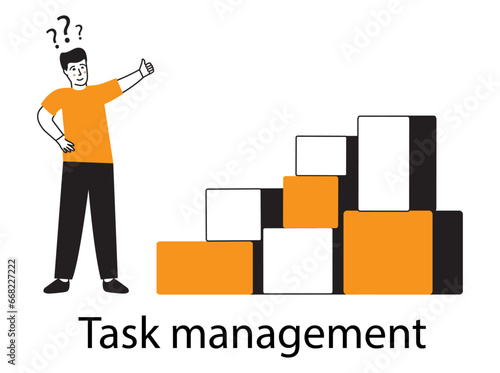 Tasks management.Tired and exasperated office worker.Productive workflow organization.Task management. Vector illustration.Isolated on white background.